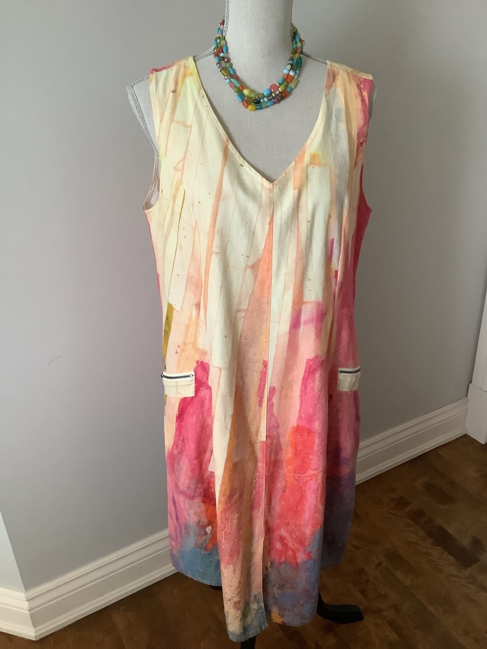 Claire Desjardins Abstract Watercolor V-Neck Sleeveless Dress - Pink & Cream